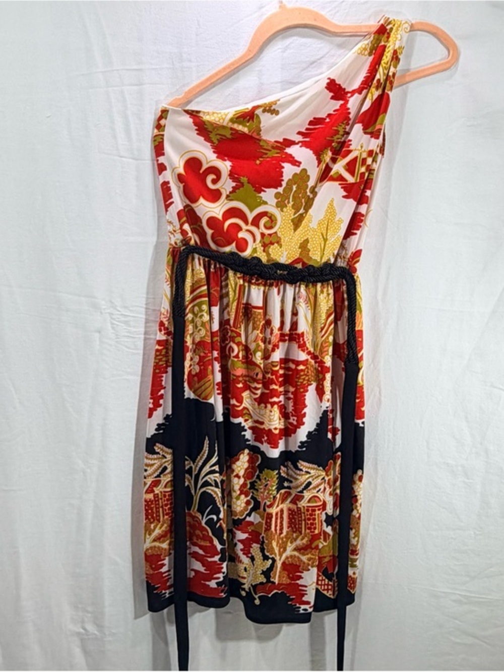 One-Shoulder Floral Print Dress in Red, Gold & Black